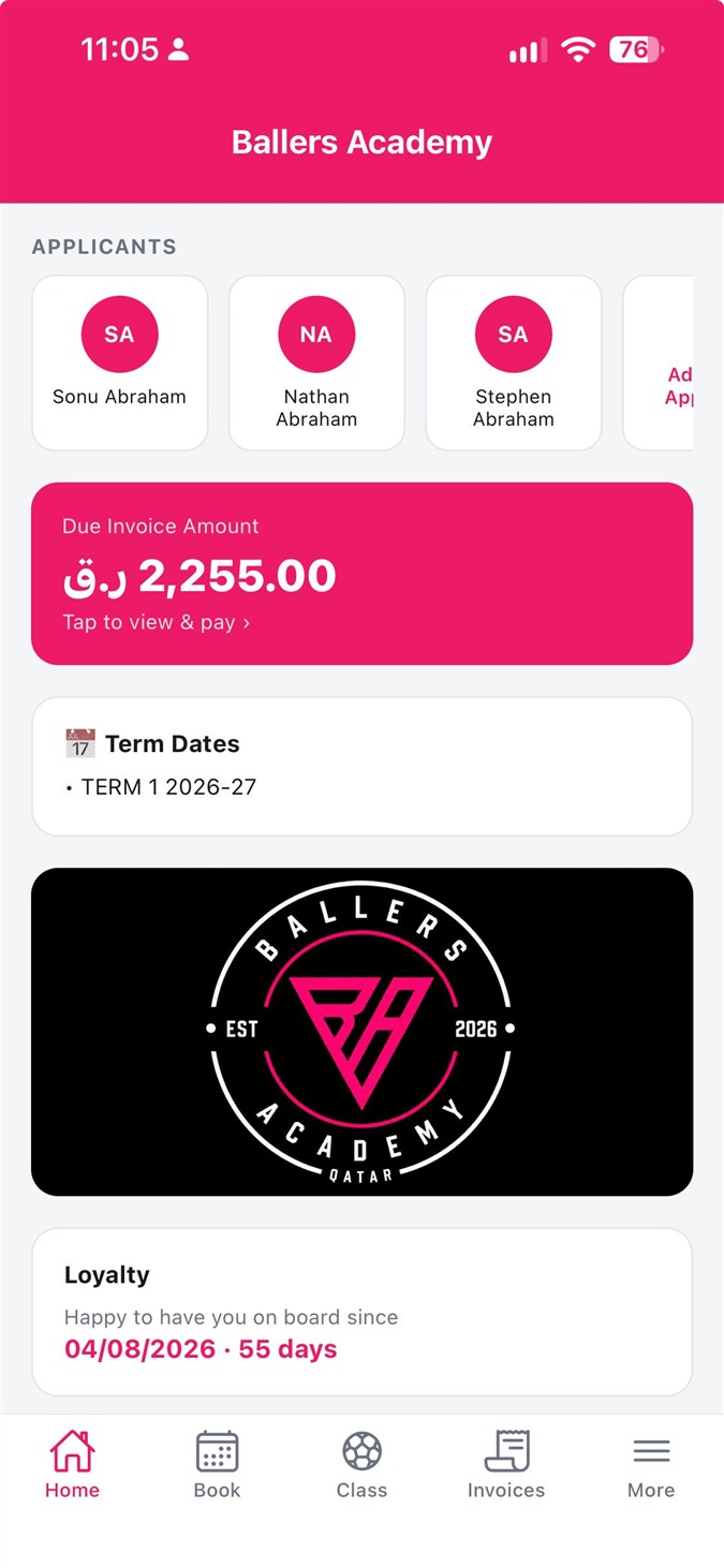 Club-branded mobile app home screen with bookings, invoices and member information