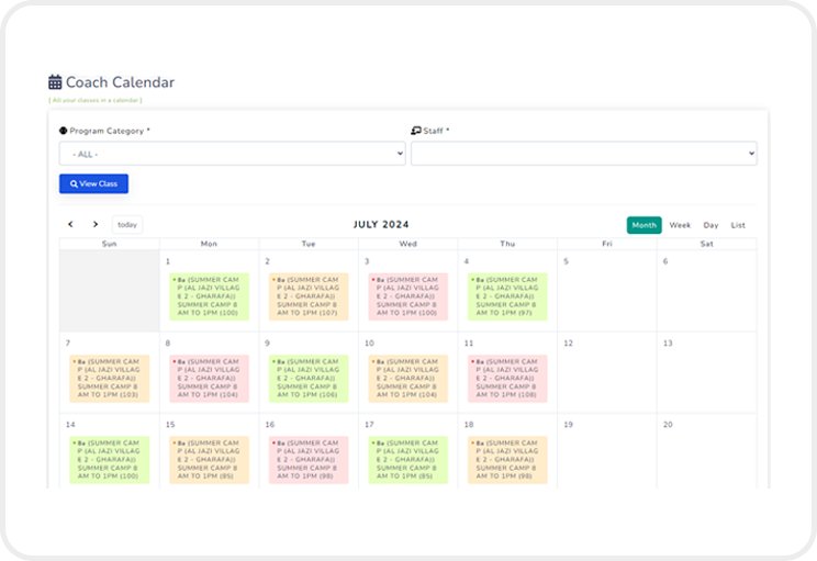 ClubSys coach calendar with colour-coded class sessions
